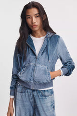 Rag & Bone Miramar Velvet Zip Hoodie in Mid Blue Wash