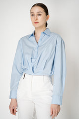 Rag & Bone Cropped Cotton Poplin Blouse with Blouson Tuck in Light Blue Vancouver. Shop Online or in Store.