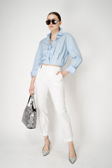 Rag & Bone Cropped Cotton Poplin Blouse with Blouson Tuck in Light Blue Vancouver. Shop Online or in Store.