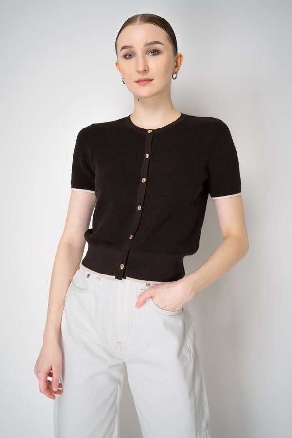 Rag & Bone "Dina" Tipped Short Sleeve Cardigan in Chocolate Brown Vancouver. Shop Online or in Store.