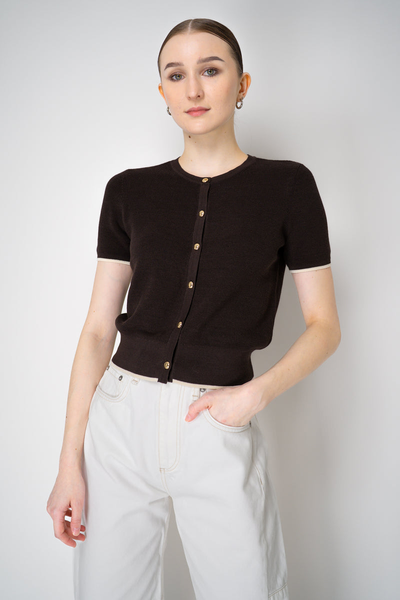 Rag & Bone "Dina" Tipped Short Sleeve Cardigan in Chocolate Brown Vancouver. Shop Online or in Store.