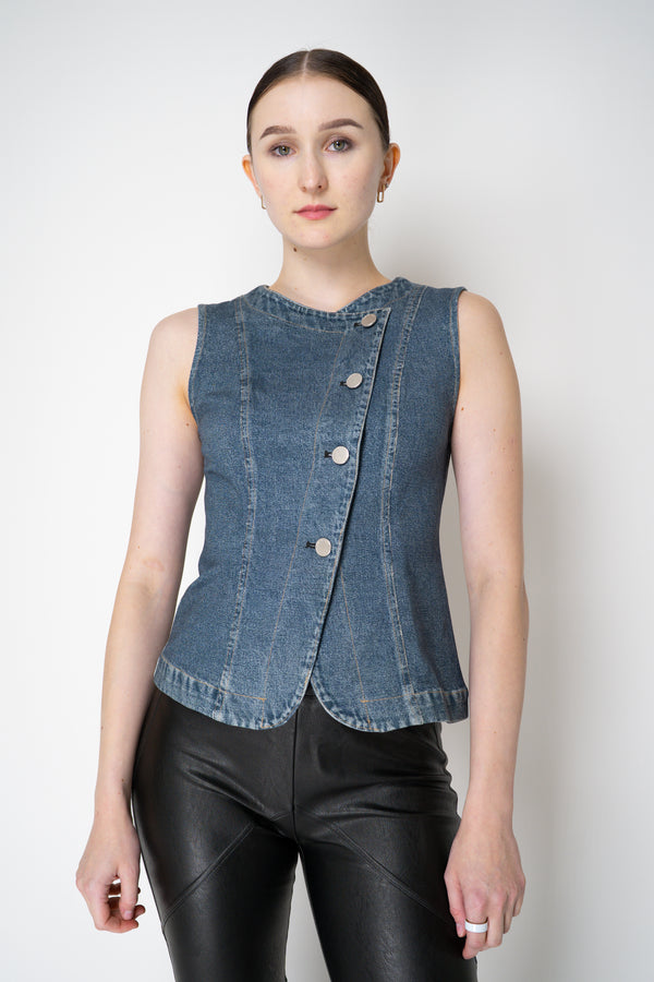 Rag & Bone Miramar "Olivia" Ponte Asymmetric Vest in Woodside Blue Denim Print Vancouver. Shop Online or in Store.