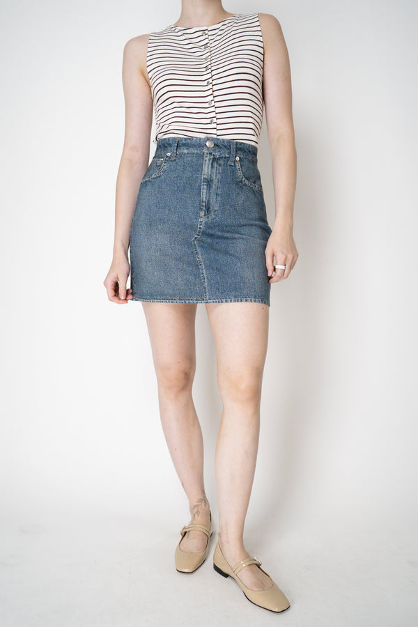 Rag & Bone Miramar Ponte Mini Skirt in Woodside Blue Denim Print Vancouver. Shop Online or in Store.