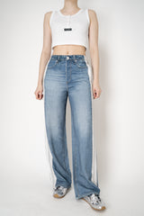 Rag & Bone Miramar Terry Cloth Sporty Wide Leg Jeans with White and Grey Stripes in Mid Blue Vancouver. Shop Online or in Store.
