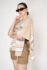 Rocco Ragni Drapy Knit Poncho with Tie Waist in Striped Beige Pattern Vancouver. Shop Online or in Store.