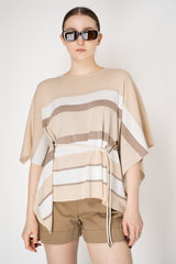 Rocco Ragni Drapy Knit Poncho with Tie Waist in Striped Beige Pattern Vancouver. Shop Online or in Store.