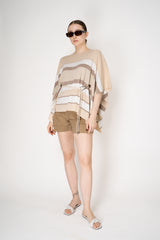 Rocco Ragni Drapy Knit Poncho with Tie Waist in Striped Beige Pattern Vancouver. Shop Online or in Store.