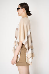 Rocco Ragni Drapy Knit Poncho with Tie Waist in Striped Beige Pattern Vancouver. Shop Online or in Store.