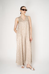 Rocco Ragni Flowy Sateen Dress in Cream and Beige Zebra Print Vancouver. Shop Online or in Store.