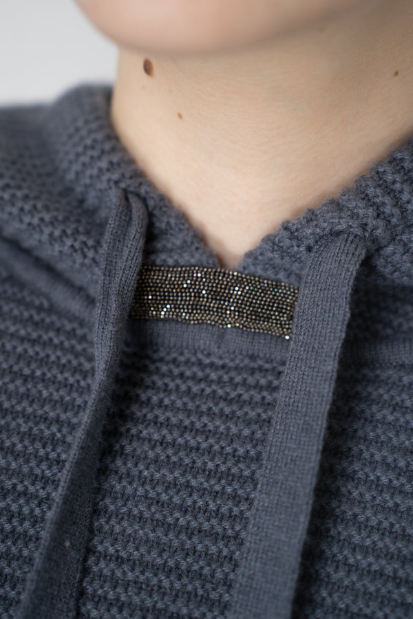 Rocco Ragni Knit Cashmere Hooded Pullover with Brilliant Detail in Blue Grey Vancouver. Shop Online or in Store.
