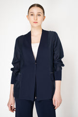 Rocco Ragni Knit Front V-Neck Cardigan Jacket with textured Voile in Navy Vancouver. Shop Online or in Store.