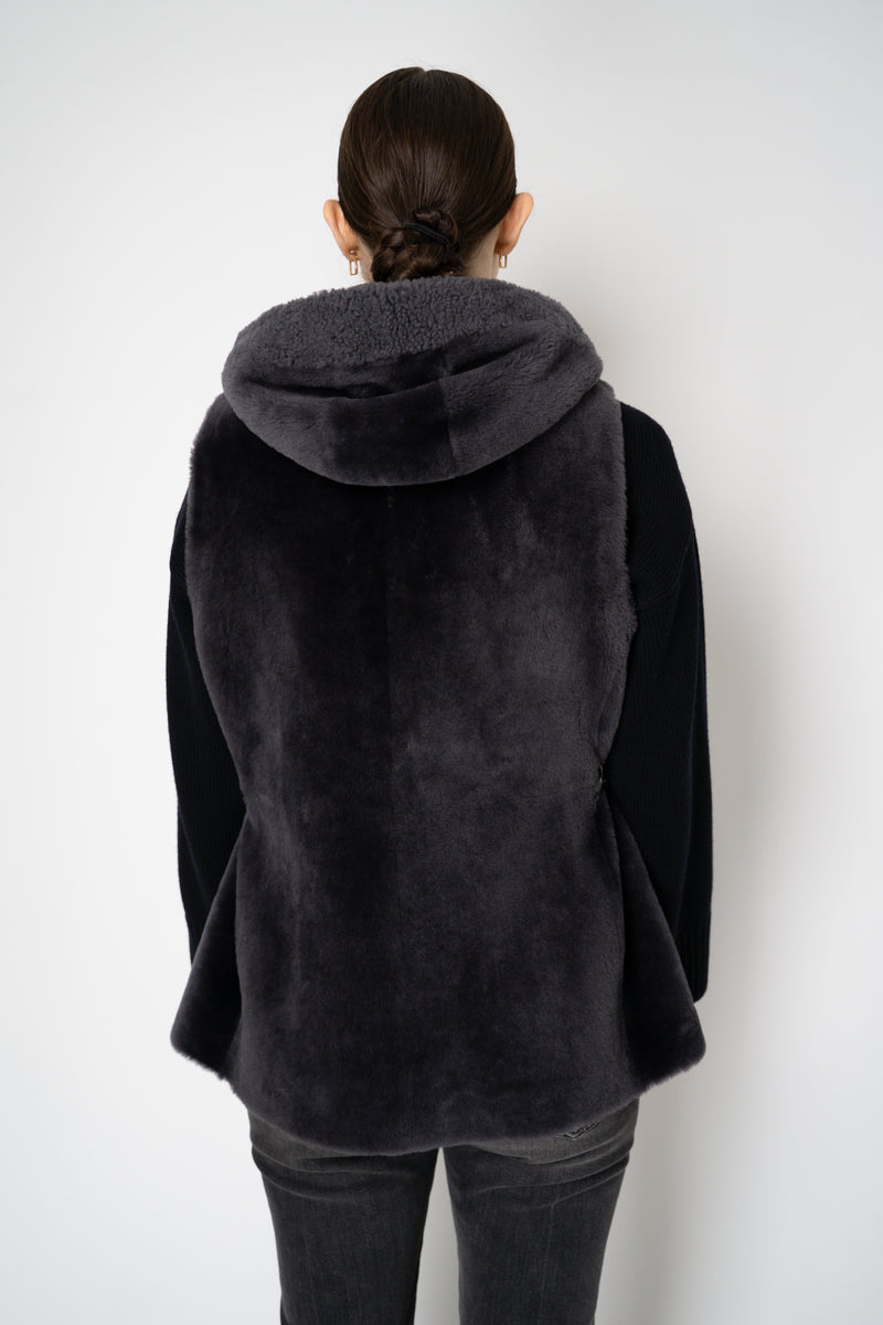 Rocco Ragni Reversible Hooded Textured Shearling Vest in Anthracite Vancouver. Shop Online or in Store.