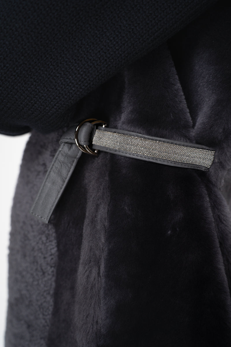 Rocco Ragni Reversible Hooded Textured Shearling Vest in Anthracite Vancouver. Shop Online or in Store.