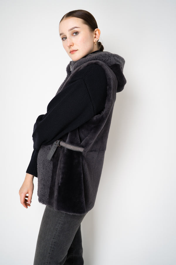 Rocco Ragni Reversible Hooded Textured Shearling Vest in Anthracite Vancouver. Shop Online or in Store.