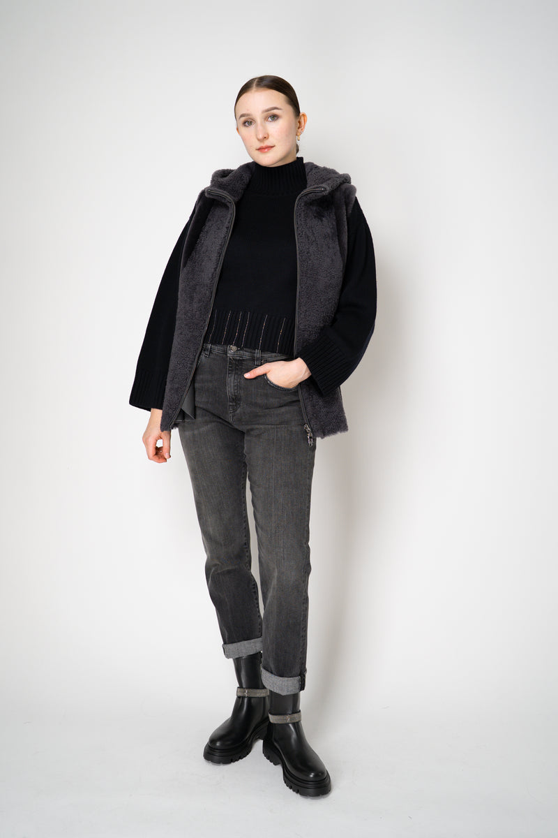 Rocco Ragni Reversible Hooded Textured Shearling Vest in Anthracite Vancouver. Shop Online or in Store.