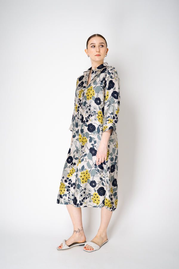 Rosso 35 Button-Up Silk Shirt Dress in Navy/Green Floral Print Vancouver. Shop Online or in Store.