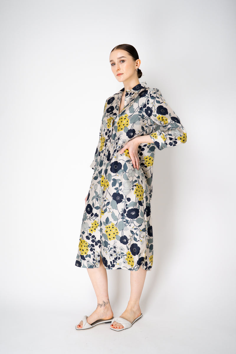 Rosso 35 Button-Up Silk Shirt Dress in Navy/Green Floral Print Vancouver. Shop Online or in Store.