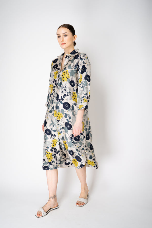 Rosso 35 Button-Up Silk Shirt Dress in Navy/Green Floral Print Vancouver. Shop Online or in Store.