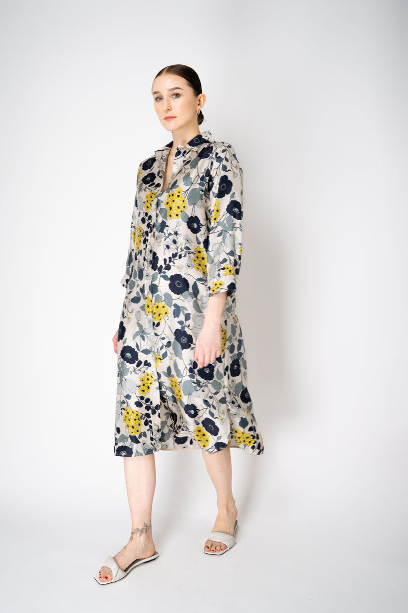 Rosso 35 Button-Up Silk Shirt Dress in Navy/Green Floral Print Vancouver. Shop Online or in Store.