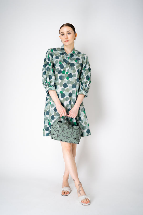 Rosso 35 Cotton Poplin Midi Dress with Balloon Sleeves in Green Dot Print Vancouver. Shop Online or in Store.