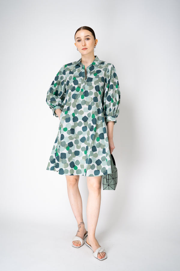 Rosso 35 Cotton Poplin Midi Dress with Balloon Sleeves in Green Dot Print Vancouver. Shop Online or in Store.