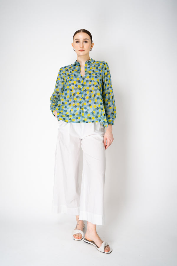Rosso 35 Cotton Voile Blouse in Green and Blue Circular Print Vancouver. Shop Online or in Store.