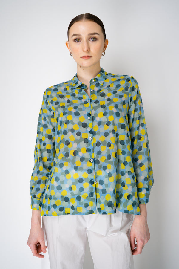 Rosso 35 Cotton Voile Blouse in Green and Blue Circular Print Vancouver. Shop Online or in Store.