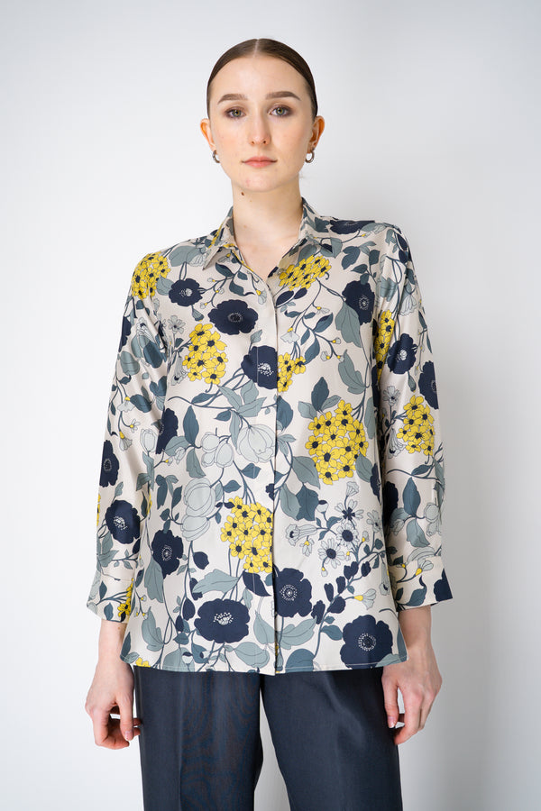 Rosso 35 Long Sleeve Silk Button-Up Blouse in Navy/Green Floral Print Vancouver. Shop Online or in Store.