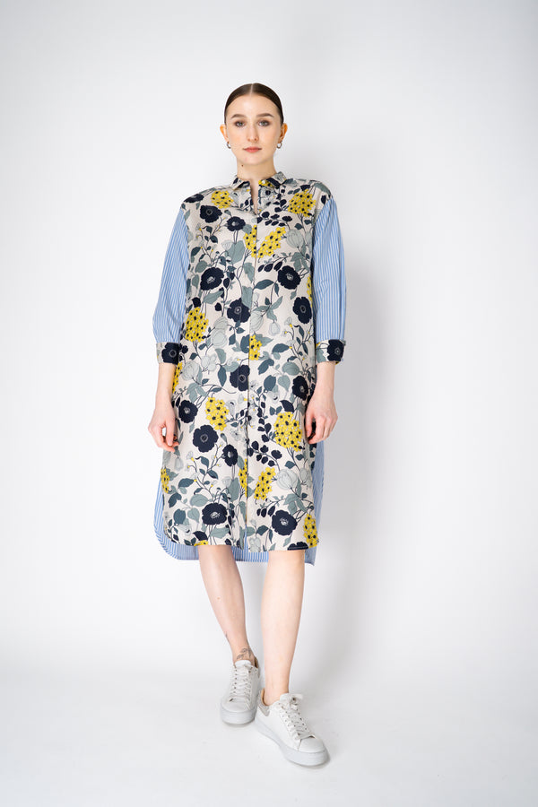 Rosso 35 Silk Floral Dress with Striped Cotton Poplin Back in Green and Blue Vancouver. Shop Online or in Store.