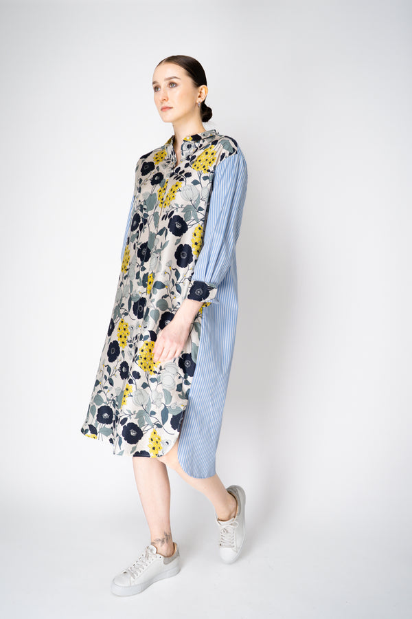 Rosso 35 Silk Floral Dress with Striped Cotton Poplin Back in Green and Blue Vancouver. Shop Online or in Store.