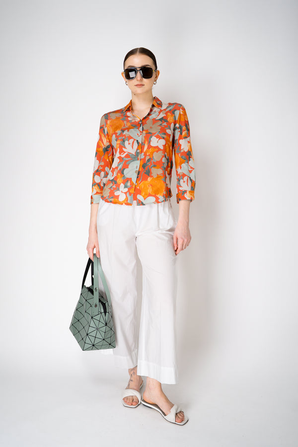 Rosso 35 Stretch Viscose Button-Up Blouse in Orange Floral Print Vancouver. Shop Online or in Store.