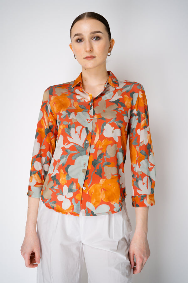 Rosso 35 Stretch Viscose Button-Up Blouse in Orange Floral Print Vancouver. Shop Online or in Store.