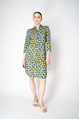 Rosso 35 Stretch Viscose Circular Print Shirt Dress in Blue and Yellow Vancouver. Shop Online or in Store.