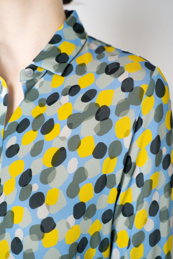 Rosso 35 Stretch Viscose Circular Print Shirt Dress in Blue and Yellow Vancouver. Shop Online or in Store.