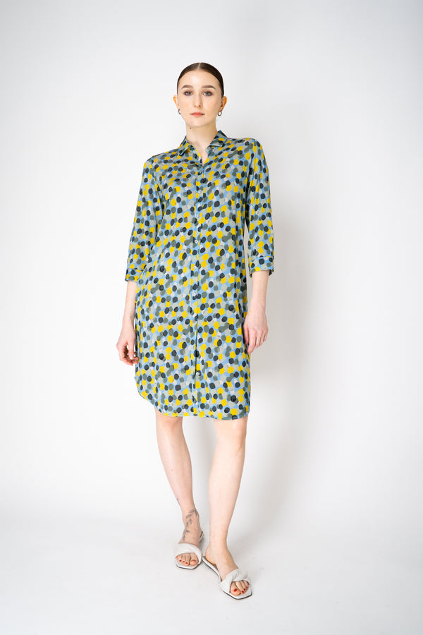Rosso 35 Stretch Viscose Circular Print Shirt Dress in Blue and Yellow Vancouver. Shop Online or in Store.