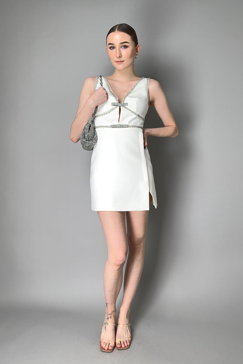 Self-Portrait Bonded Crepe Mini Dress With Rhinestone Trims in White