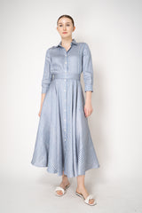 Sara Roka 3/4 Sleeve Linen Shirt Dress with Circle Skirt in Grey and Blue Stripes Vancouver. Shop Online or in Store.