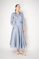 Sara Roka 3/4 Sleeve Linen Shirt Dress with Circle Skirt in Grey and Blue Stripes Vancouver. Shop Online or in Store.