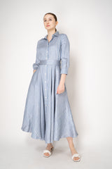 Sara Roka 3/4 Sleeve Linen Shirt Dress with Circle Skirt in Grey and Blue Stripes Vancouver. Shop Online or in Store.