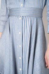 Sara Roka 3/4 Sleeve Linen Shirt Dress with Circle Skirt in Grey and Blue Stripes Vancouver. Shop Online or in Store.