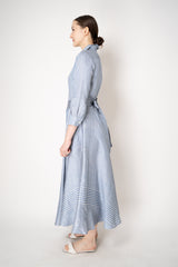 Sara Roka 3/4 Sleeve Linen Shirt Dress with Circle Skirt in Grey and Blue Stripes Vancouver. Shop Online or in Store.
