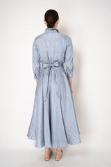 Sara Roka 3/4 Sleeve Linen Shirt Dress with Circle Skirt in Grey and Blue Stripes Vancouver. Shop Online or in Store.