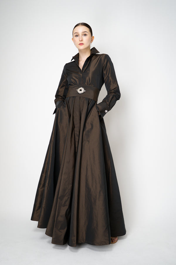 Sara Roka A-line Long Sleeve Taffeta Gown in Brown Shot Black Vancouver. Shop Online or in Store.