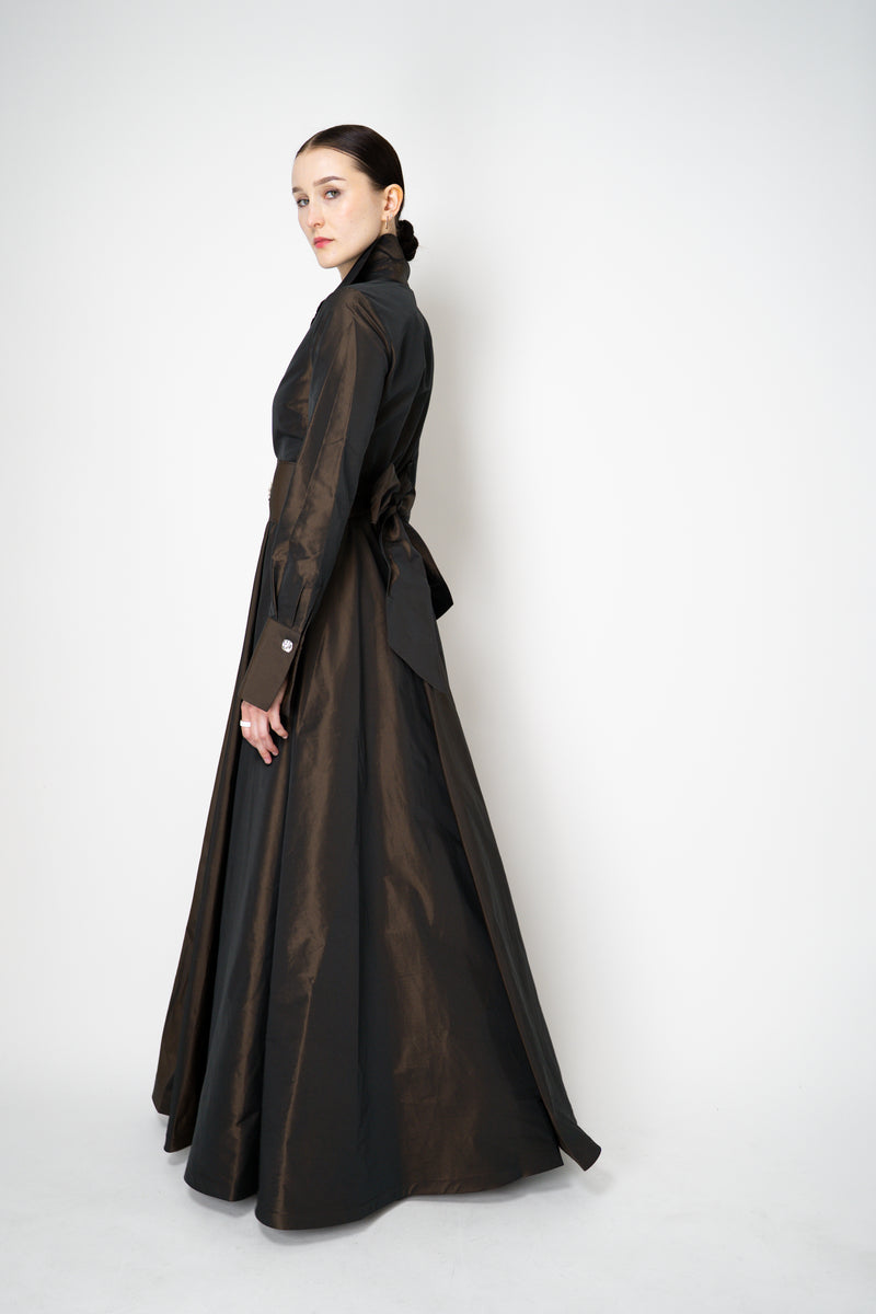 Sara Roka A-line Long Sleeve Taffeta Gown in Brown Shot Black Vancouver. Shop Online or in Store.