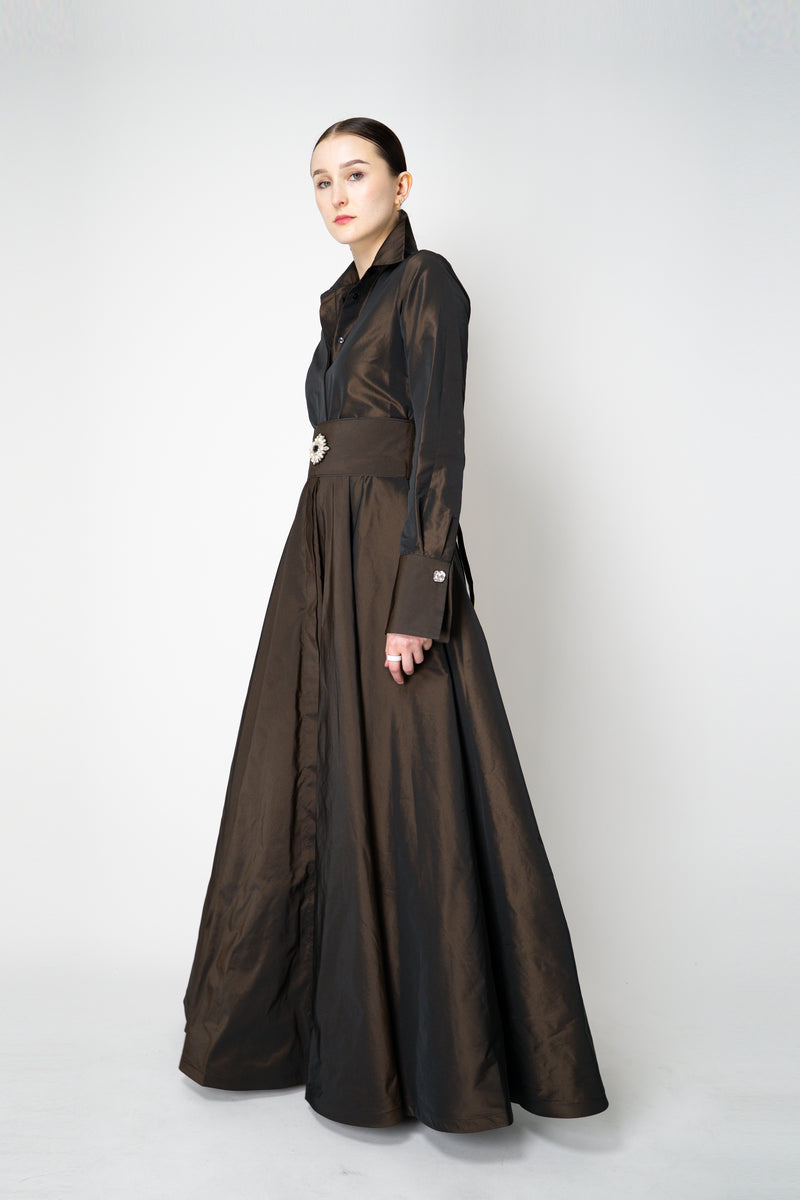 Sara Roka A-line Long Sleeve Taffeta Gown in Brown Shot Black Vancouver. Shop Online or in Store.