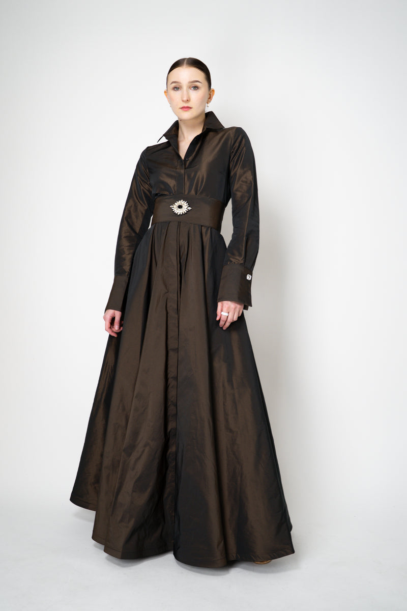 Sara Roka A-line Long Sleeve Taffeta Gown in Brown Shot Black Vancouver. Shop Online or in Store.