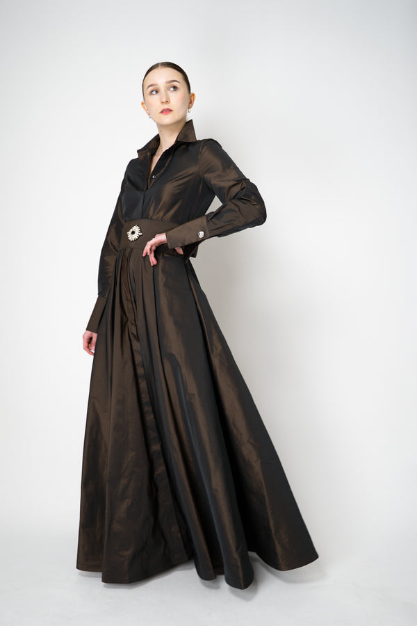 Sara Roka A-line Long Sleeve Taffeta Gown in Brown Shot Black Vancouver. Shop Online or in Store.
