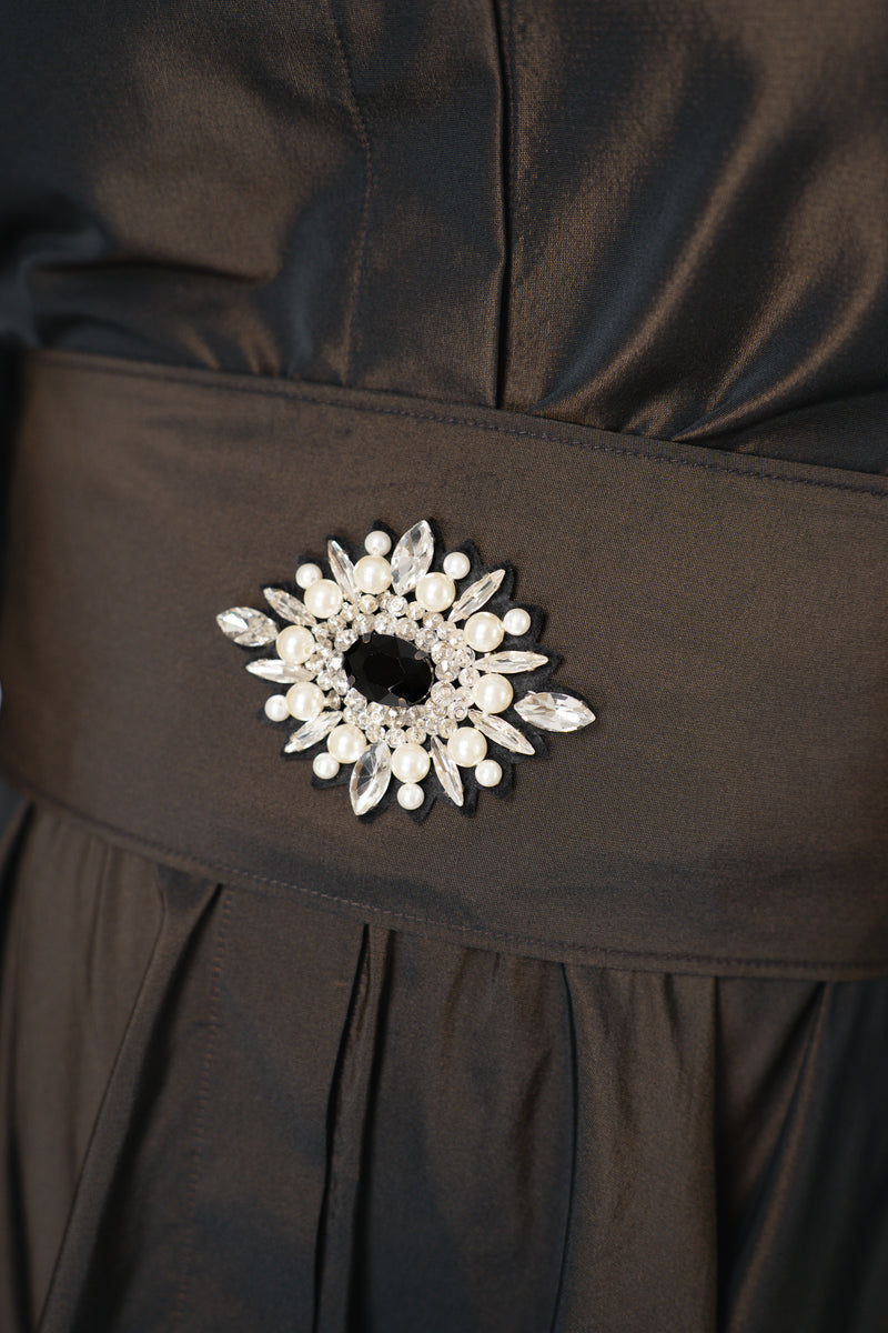 Sara Roka A-line Long Sleeve Taffeta Gown in Brown Shot Black Vancouver. Shop Online or in Store.