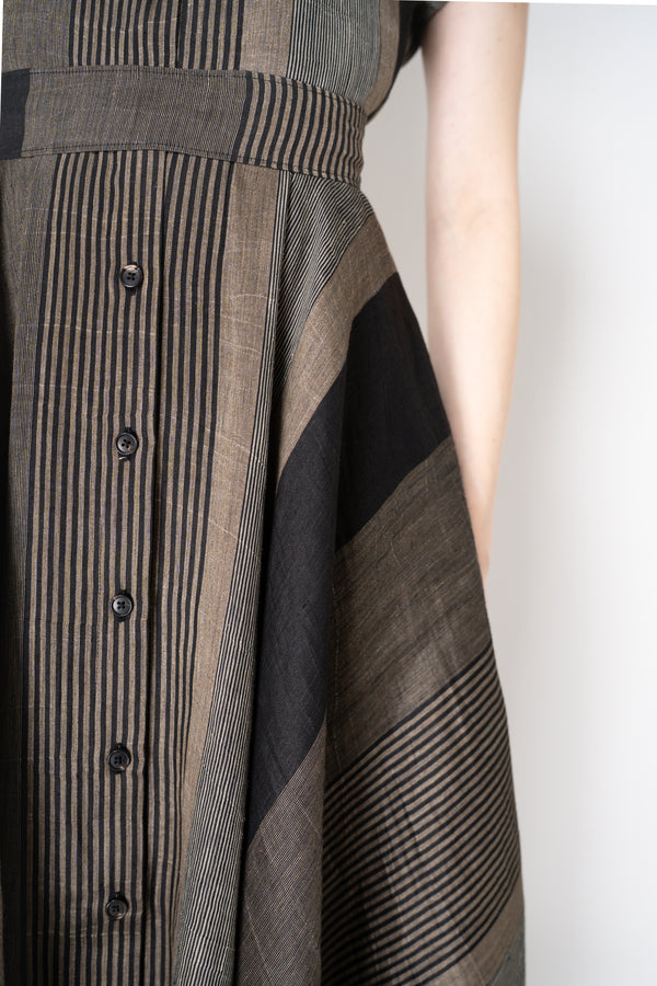 Sara Roka Ankle Length Linen Blend Striped Shirtdress in Brown and Black Vancouver. Shop Online or in Store.