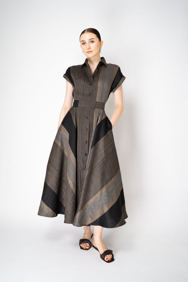 Sara Roka Ankle Length Linen Blend Striped Shirtdress in Brown and Black Vancouver. Shop Online or in Store.
